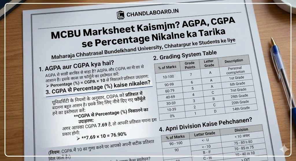 "MCBU Marksheet Guide by ChandlaBoard.in: How to calculate CGPA and Percentage for Maharaja Chhatrasal Bundelkhand University students."
